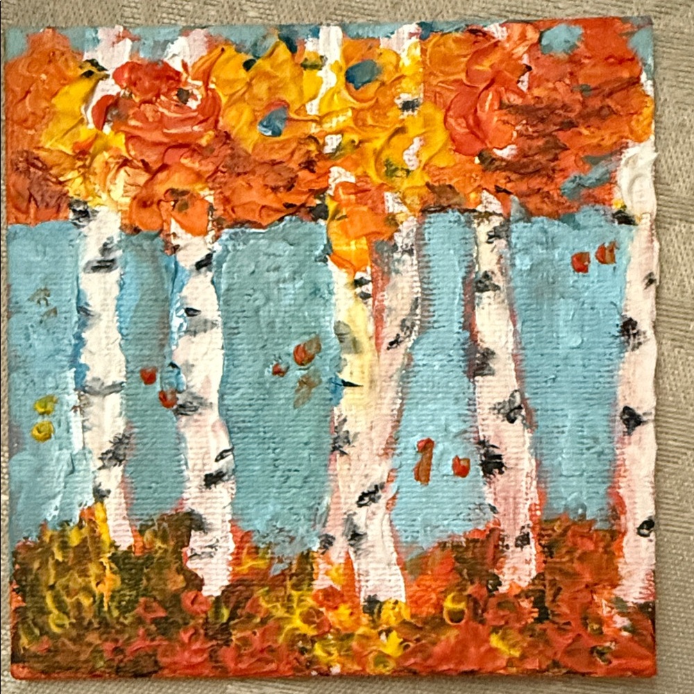 Original Miniature Autumn Birch Trees Acrylic Painting on canvas panel 4x4 inc